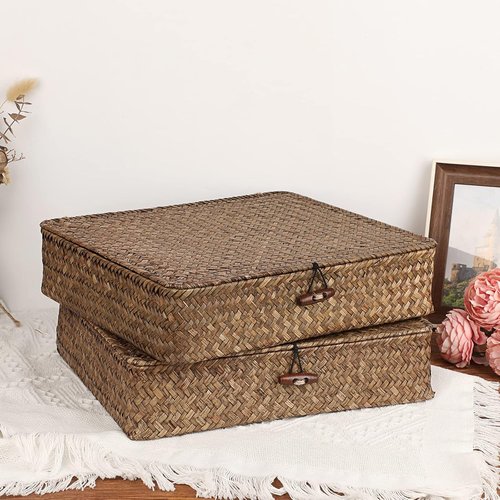 Hipiwe Woven Wicker Basket Bins - Set of 2 Large Seagrass Storage Baskets with Lid for Home Organization | Coffee Color