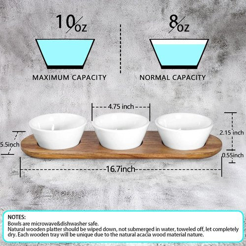 Artena 10oz Ultra-Fine Porcelain Chips and Dip Platter - Acacia Wooden Tray & 4.75-Inch Bowls for Entertaining