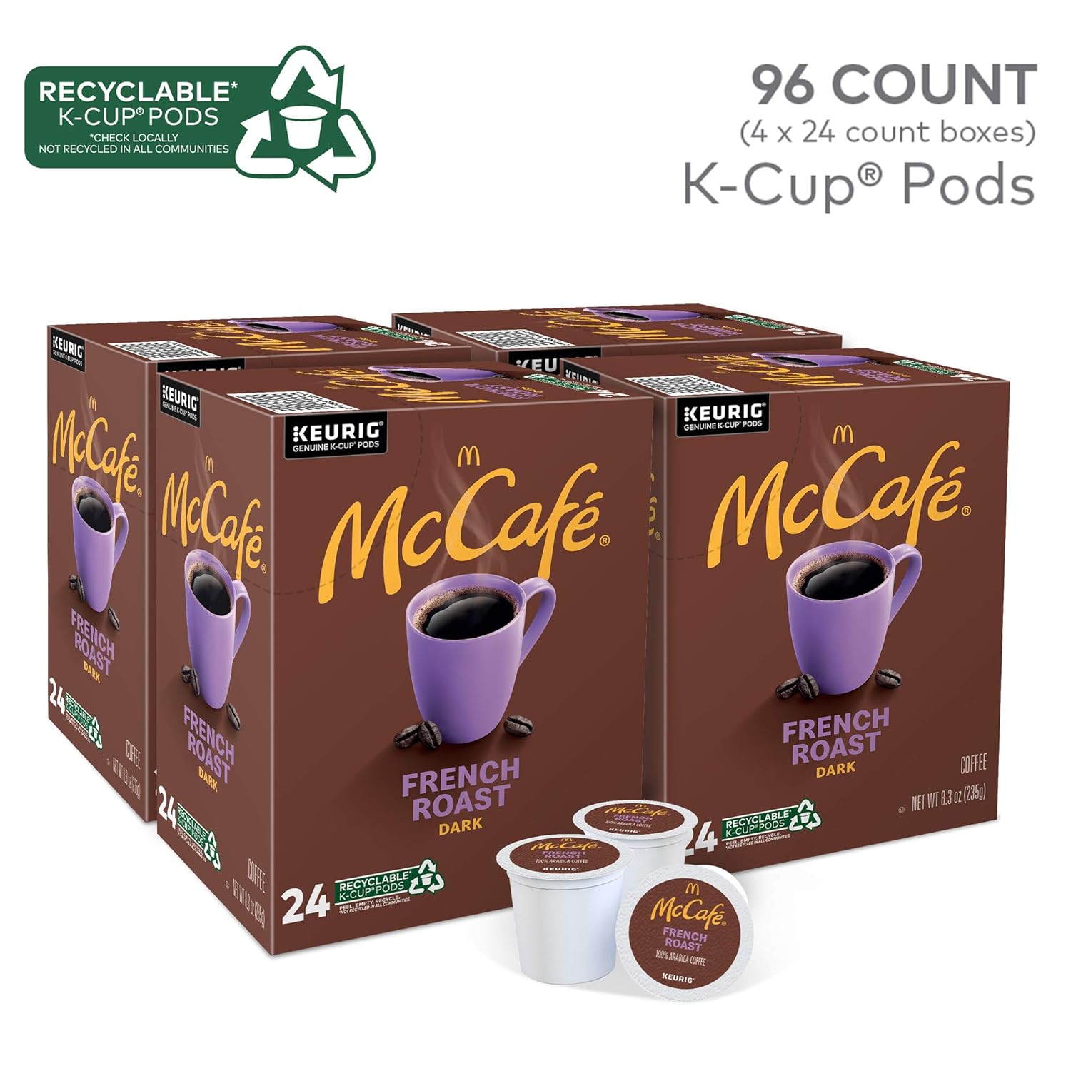 McCafe French Roast Coffee K-Cup Pods - Dark Roast, 96 Count (4 Packs of 24) for Keurig