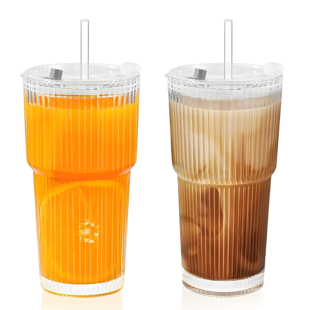 2 Pack 20 Oz Glass Cups with Lids and Straws Iced Coffee Cups Vintage Ribbed Glassware for Beer Ice Coffee Fruit Juice Elegant Aesthetic Cup Glass Iced Coffee Tumbler Include 1 Cleaning Brushes