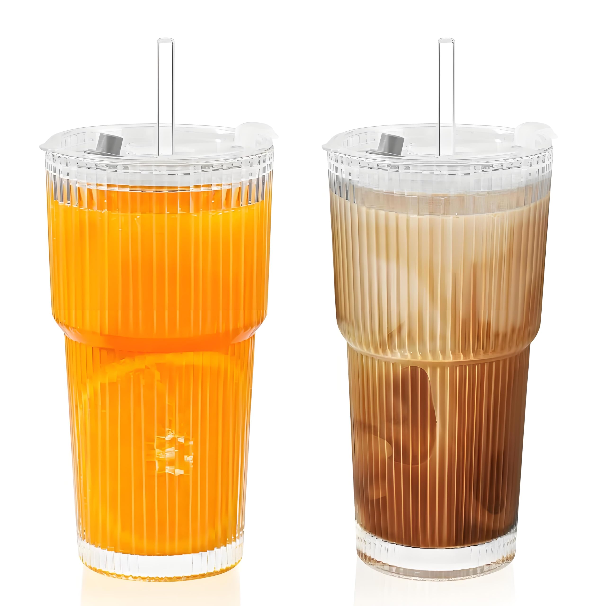2 Pack 20 Oz Glass Cups with Lids and Straws Iced Coffee Cups Vintage Ribbed Glassware for Beer Ice Coffee Fruit Juice Elegant Aesthetic Cup Glass Iced Coffee Tumbler Include 1 Cleaning Brushes
