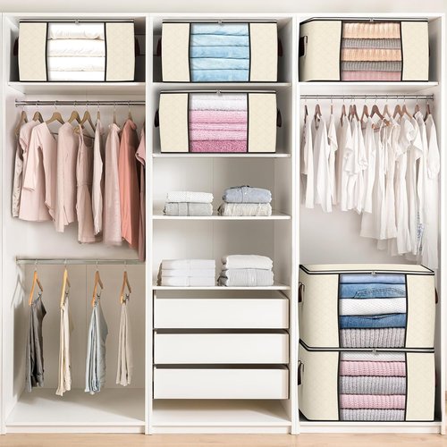 90L Large Storage Bags by [Brand Name] - Foldable Closet Organizers with Reinforced Handles | Beige, 4 Pack for Clothes, Blankets, and Toys