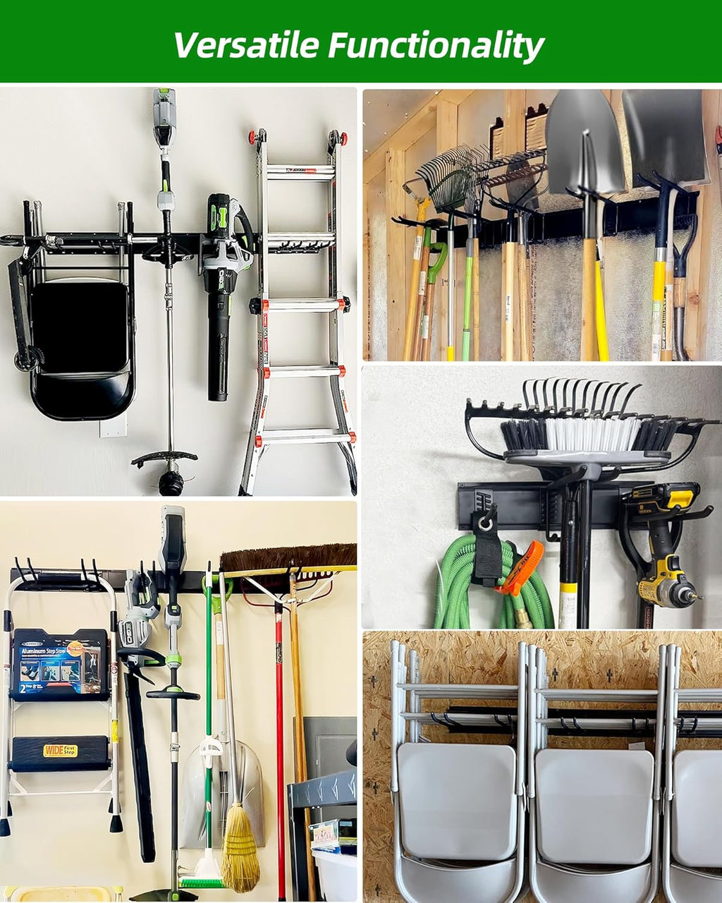 PIYILO Garage Tool Organizer - Heavy Duty Wall Mount Rack with 10 Hooks for Lawn Tools | 64 Inches