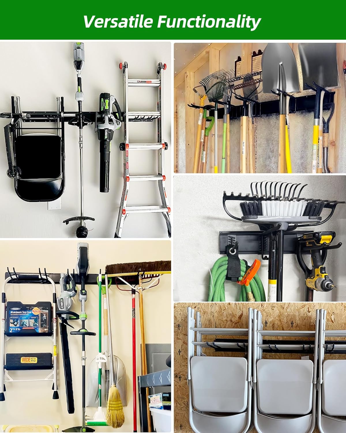 PIYILO Garage Tool Organizer - Heavy Duty Wall Mount Rack with 10 Hooks for Lawn Tools | 64 Inches