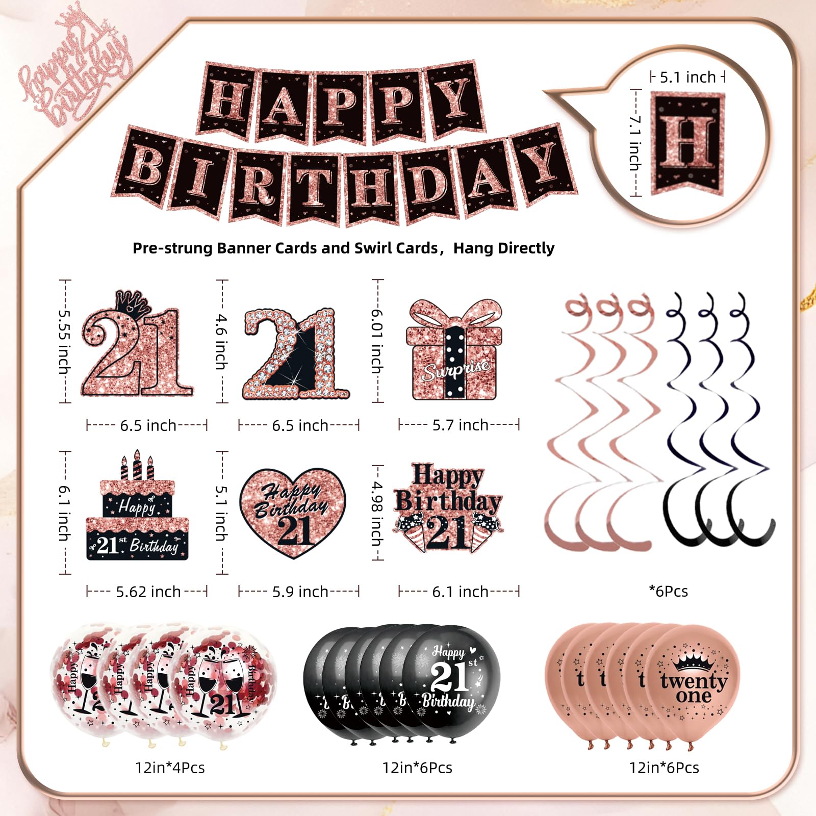 21st Birthday Decorations for Her,50Pcs PRE-STRUNG Rose Gold Black Party Set-21 Years Old Crown and Sash,Banner,Hanging Swirl,Backdrop Decor,CakeTopper,Age Candle, Balloons,Paper Fans,PRE-ASSEMBLED