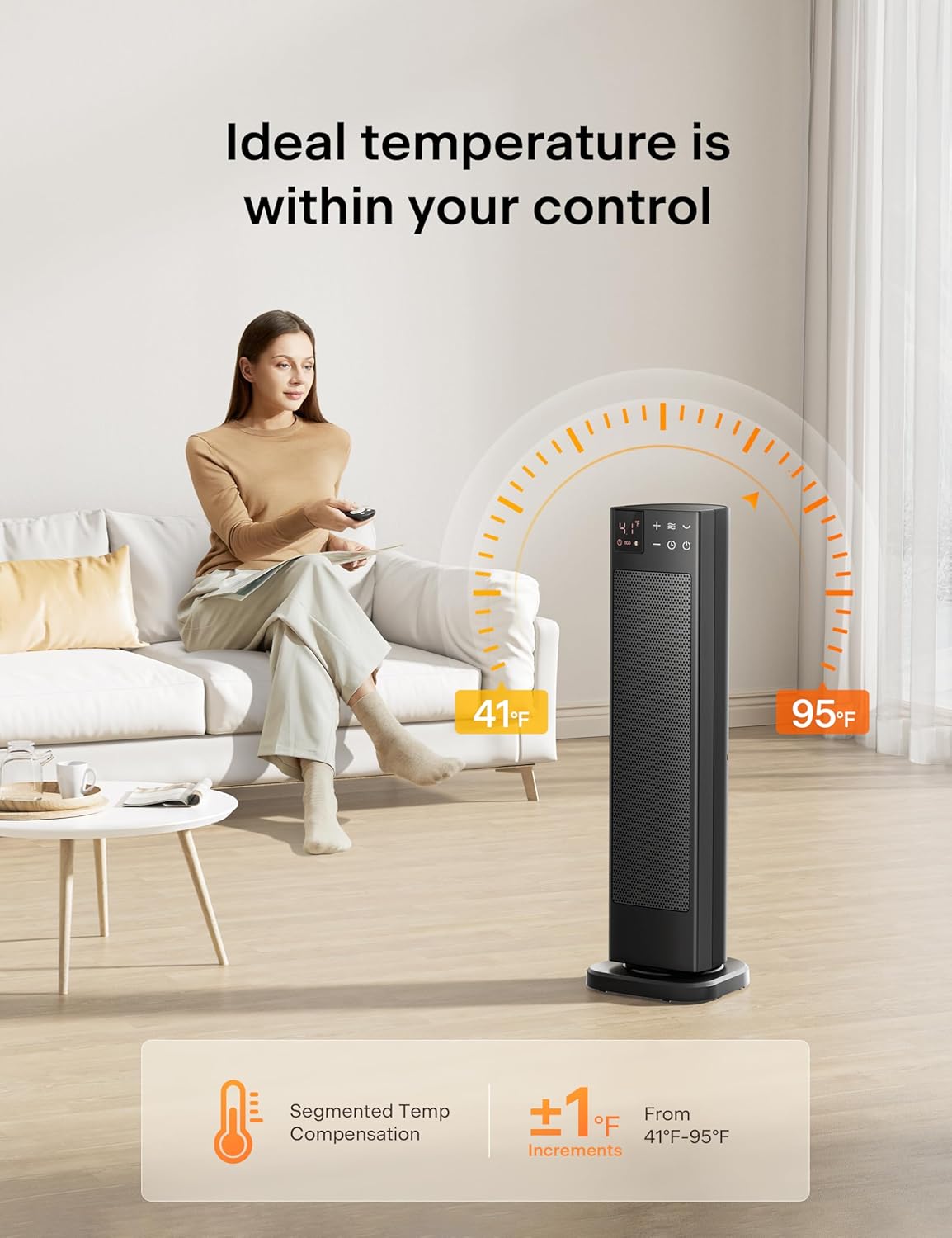 Pelonis Oscillating Ceramic Tower Heater - Programmable Thermostat, Remote Control & Safety Features | 23 Inches, 1500W