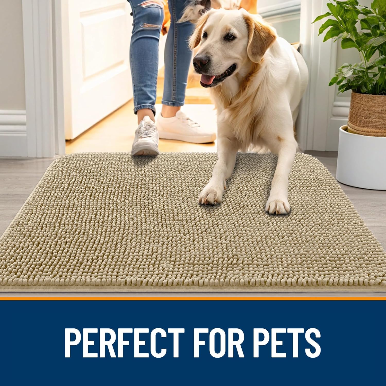 OLANLY Dog Door Mat - Absorbent Non-Slip Chenille for Muddy Paws | 48x30 Beige Quick Dry Doormat
