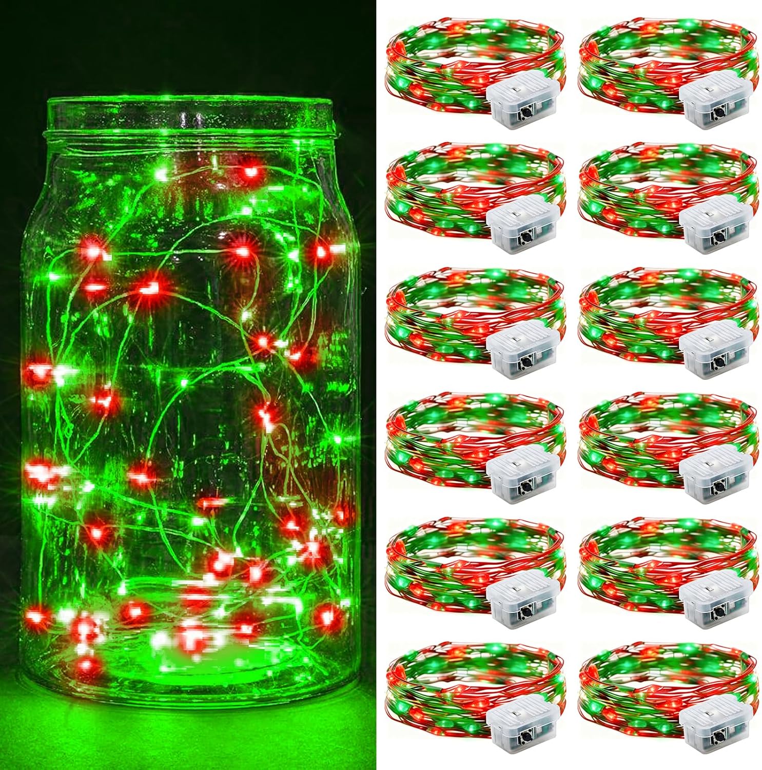 Skiennix 12 Pack Fairy Lights - 7Ft 20 LED Twinkle String Lights | Waterproof & Battery Operated for Parties, Weddings, & Holidays - Red & Green