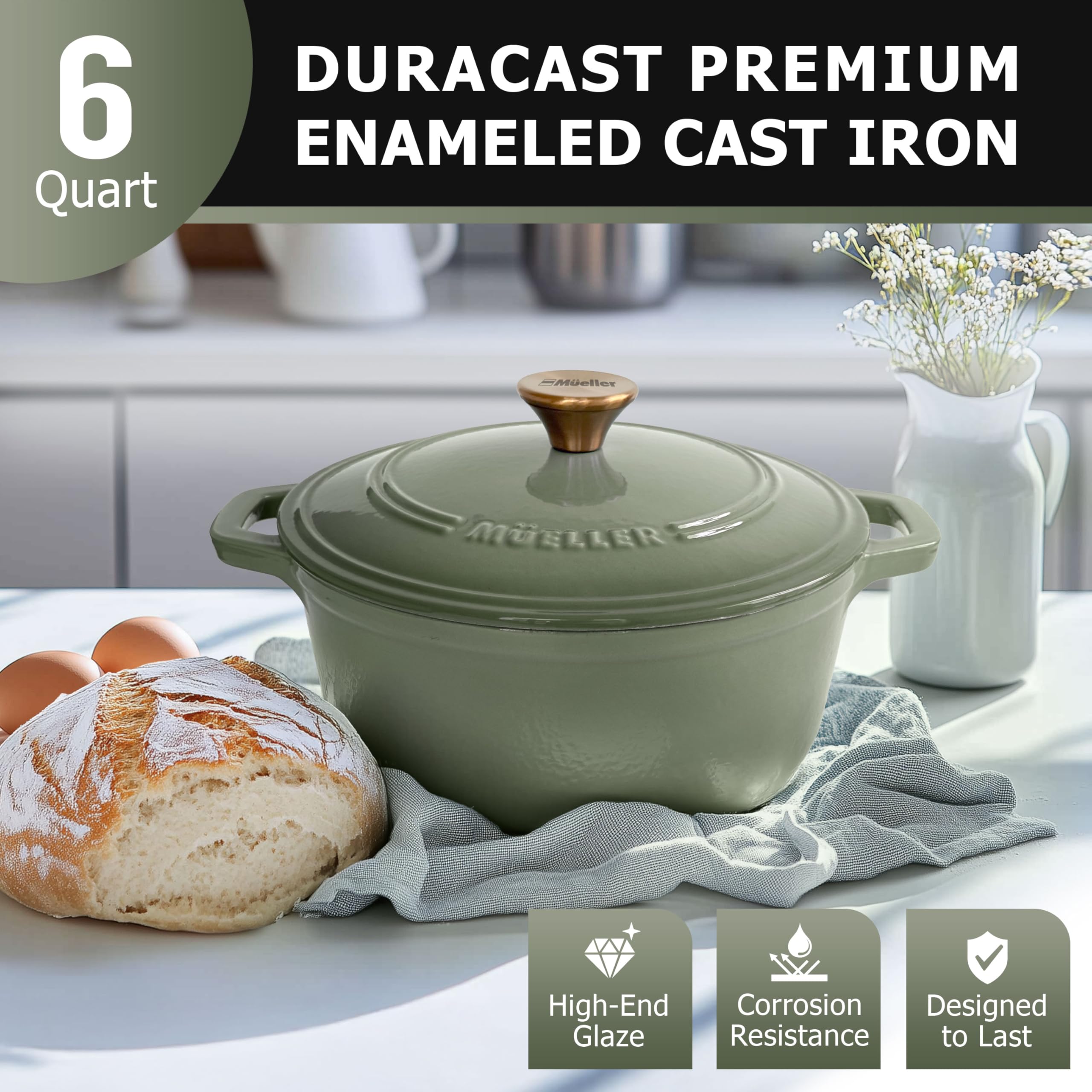 MUELLER HOME 6 Quart Enameled Cast Iron Dutch Oven For Sourdough Bread Baking, Heavy-Duty, Oven-Safe up to 500° F & Across All Cooktops, Casserole Dishes, Green Kitchen Accessories, Thyme Green