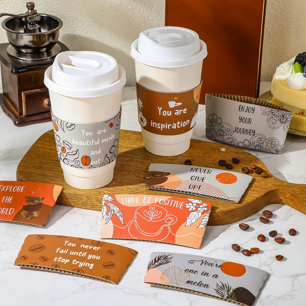 Dingion 200 Pack Coffee Cup Sleeves Corrugated Cardboard Motivational Disposable Sleeve for Inspiring Cold or Hot Beverage Chocolate Coffee Tea, Fits 12oz 16oz Paper Cups