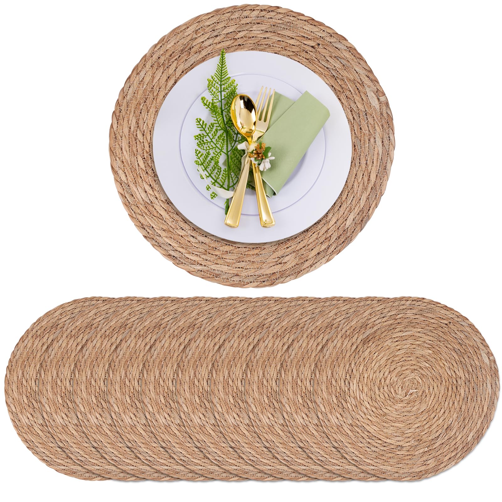 10 Pack 13 in Round Woven Placemats Plate Chargers,Rattan Wicker Table Mats Jute Braided Chargers for Dinner Plates，Boho Farmhouse Rustic Woven Place Mats for Dining Table Decor