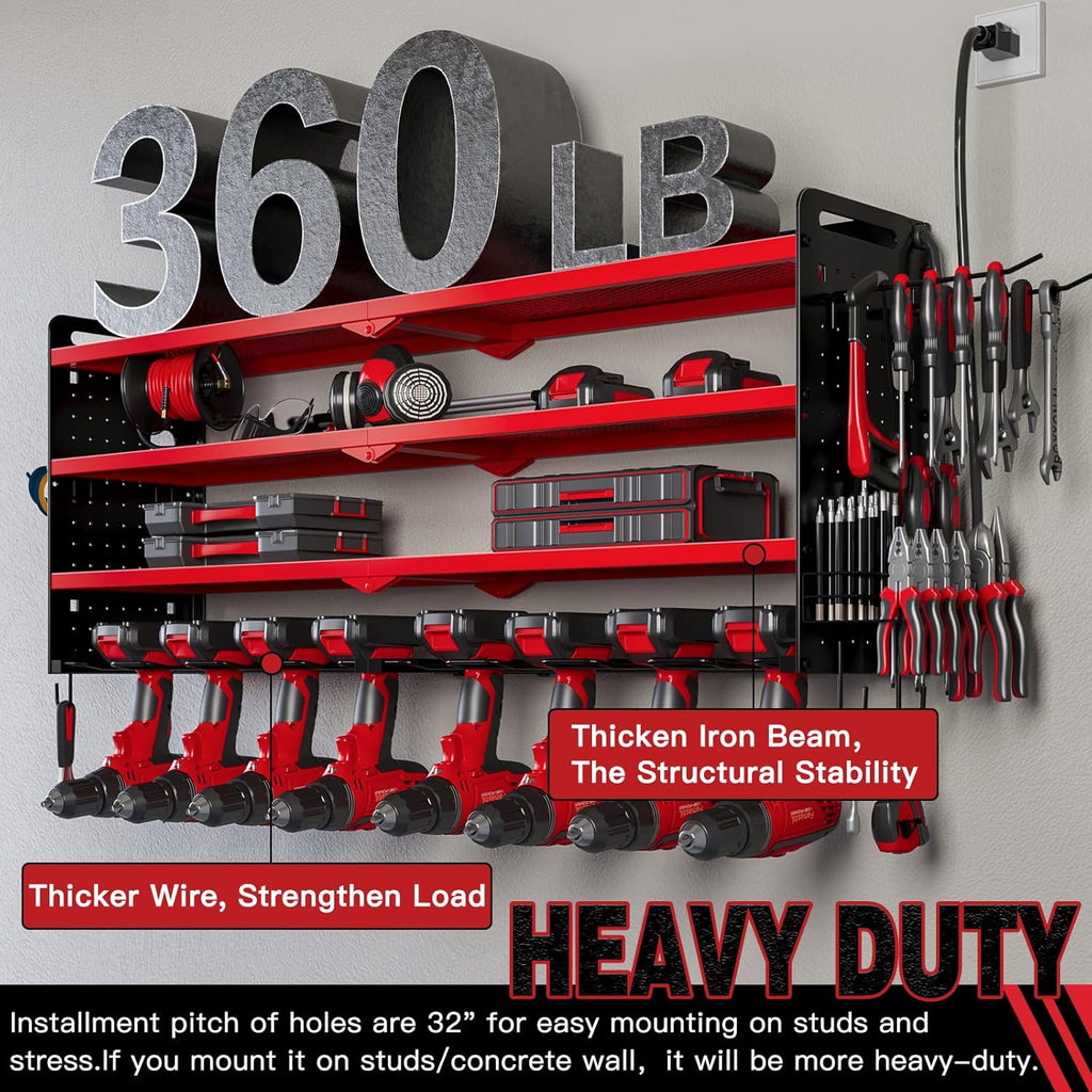 NattyDot Power Tool Organizer - Wall Mount Charging Station with 8 Drill Holders & 4 Layer Storage Rack (Red)