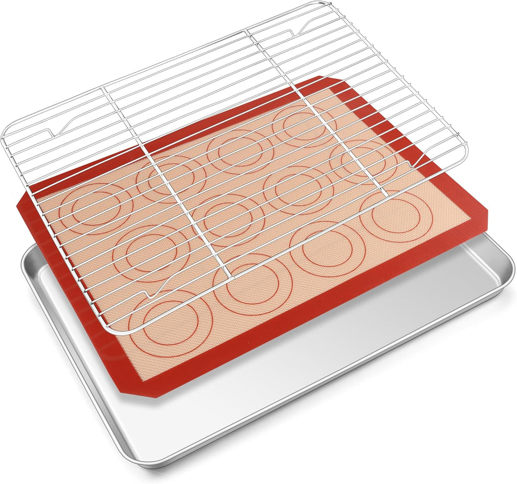 TeamFar Stainless Steel Baking Sheet Set - 16” x 12” Baking Pan with Cooling Rack & Silicone Mat | Oven & Dishwasher Safe