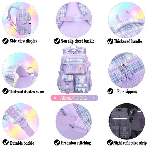 NSEQB Girls Backpack Set With Lunch Bag and Multi-Compartment Pencil Case,Cute Girls School Backpack For Kids,Childrens Schoolbag For Kindergarten Elementary Primary（Purple-3PCS）