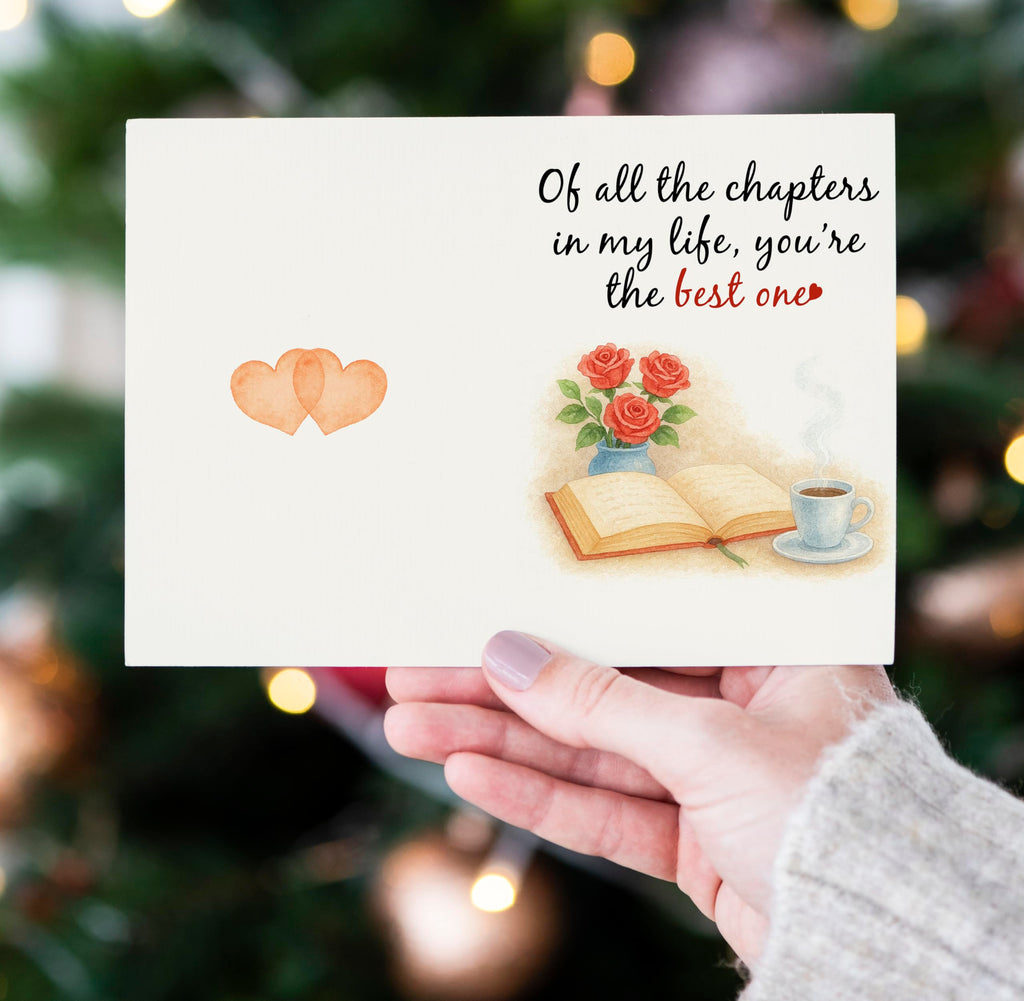 Anniversary Card – Romantic Greeting Card with Roses, Book & Coffee Design – 5x7 Inch Folded Card with Envelope & Sticker – Love Card for Husband, Wife, or Couple – Valentines Day or Wedding Anniversary