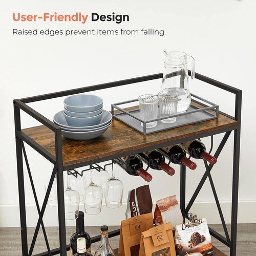 VASAGLE Bar Cart, Serving Cart, Mobile Kitchen Shelf with Glass Stemware Rack and Wine Bottle Holders, Industrial, Rustic Brown and Black ULRC088B01