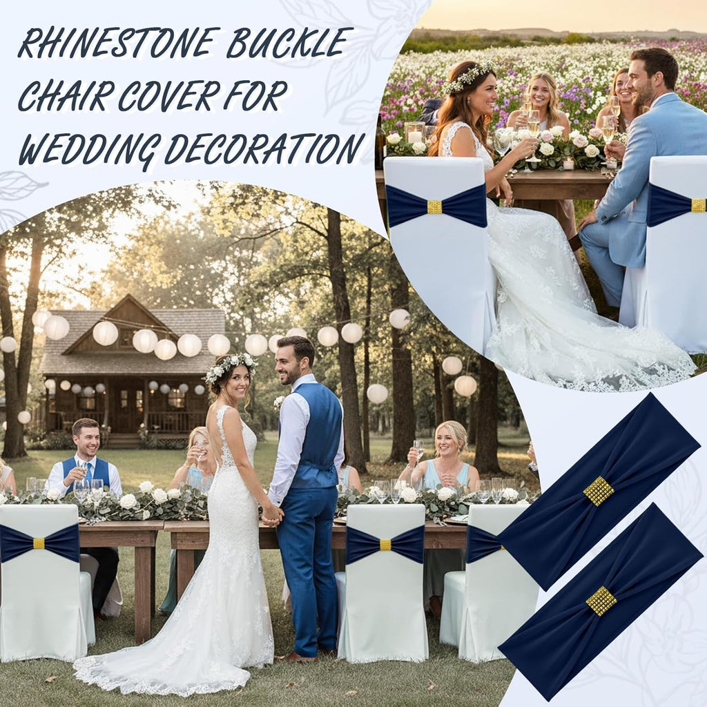 Moukeren Spandex Chair Sashes - 50 Pcs Stretch Covers with Slider Buckles | Navy Blue for Weddings & Events