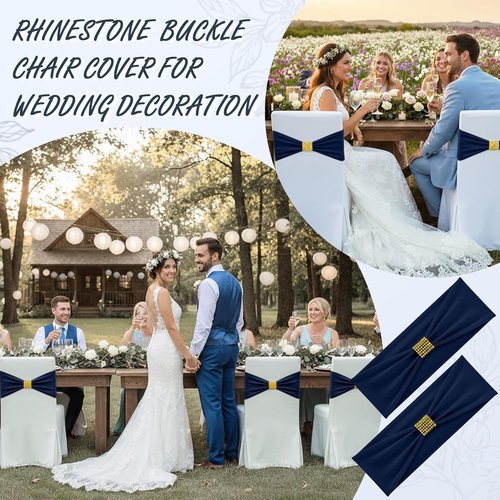 Hahafelt Spandex Chair Sashes with Rhinestone Buckle - 100 Pcs Navy Blue Bowknot Ties for Events