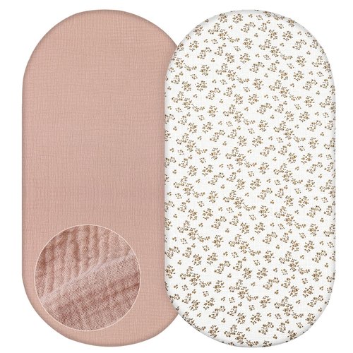 Basumee Muslin Bassinet Sheets for Baby Girl Boy 2 Pack Soft Breathable Baby Bedside Bassinet Fitted Sheets with Bottom Elastic Band Mattress Cover for Rectangle Oval Hourglass Bassinets