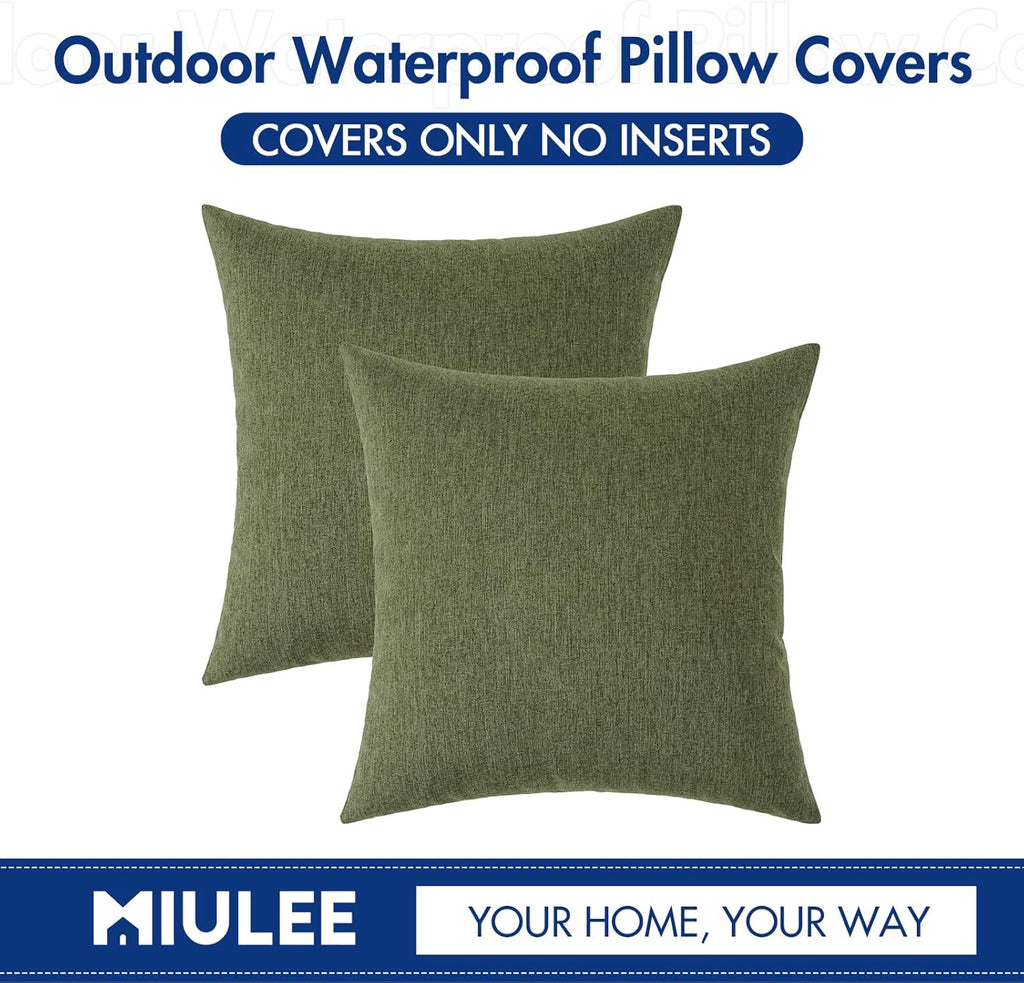 MIULEE Decorative Outdoor Throw Pillow Covers - Waterproof Faux Linen Cushion Cases | 22x22 Inch Dark Green (Pack of 2)