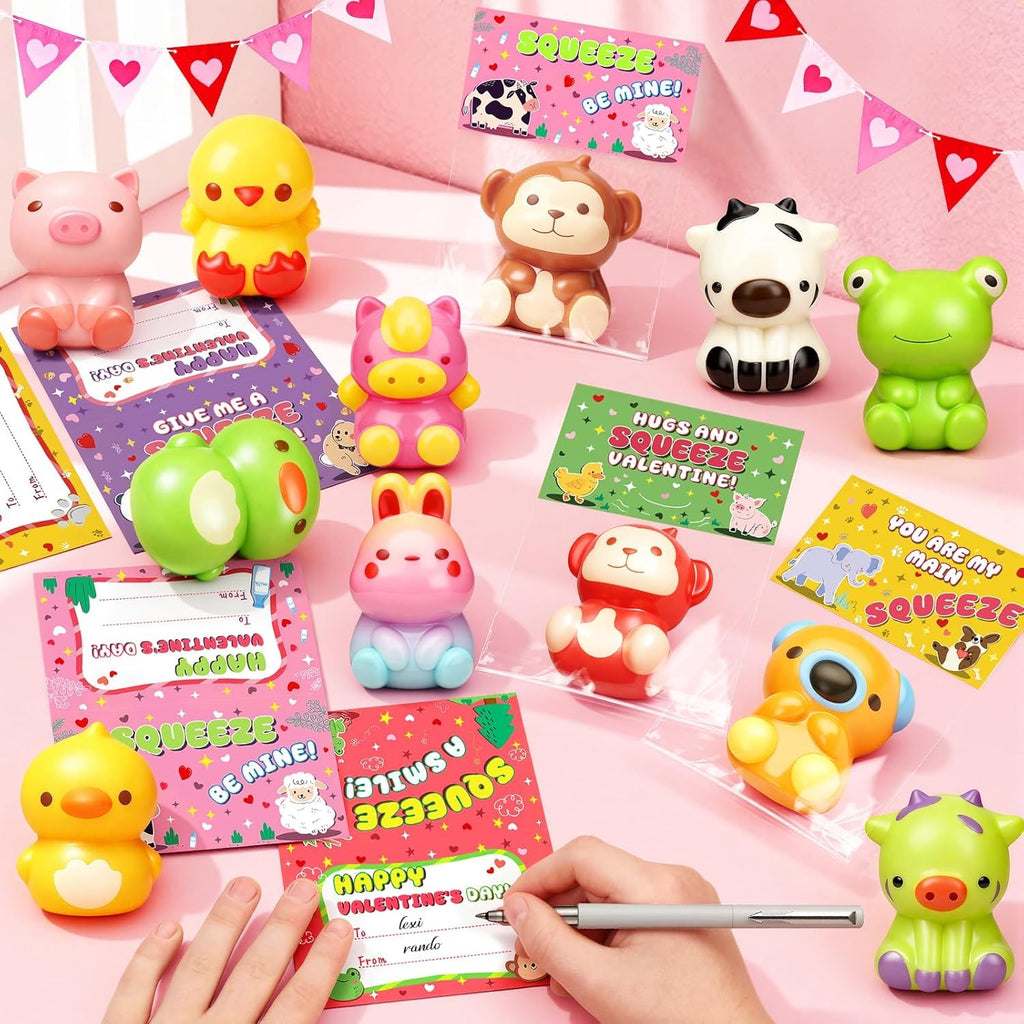 Valentines Day Cards for Kids School, 24 Pack Valentines Day Gifts for Kids, Valentines Cards with Animal Squishy Toys, Valentines Party Favors, Classroom Exchange Prizes for Boys Girls (Style 2)