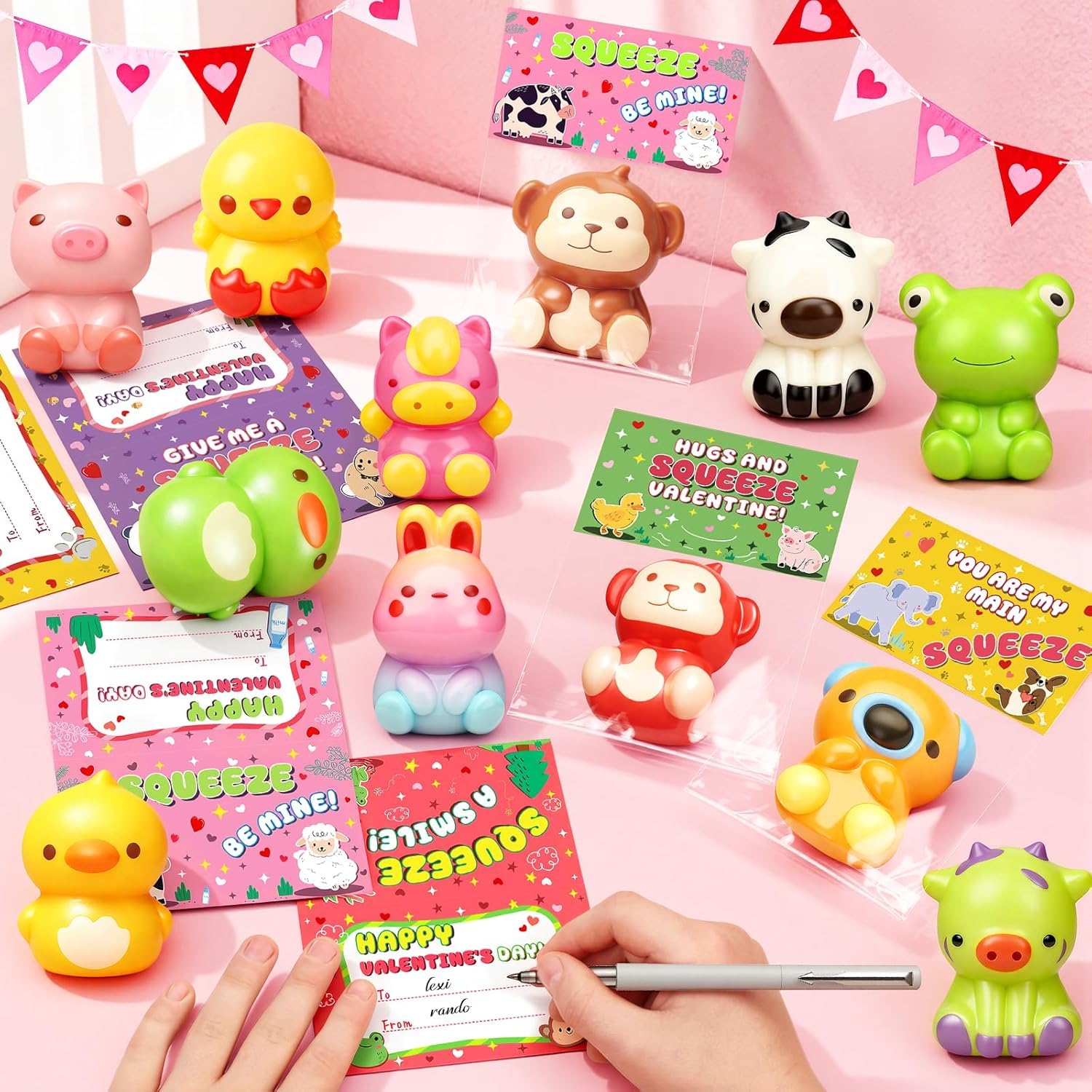 Valentines Day Cards for Kids School, 24 Pack Valentines Day Gifts for Kids, Valentines Cards with Animal Squishy Toys, Valentines Party Favors, Classroom Exchange Prizes for Boys Girls (Style 2)