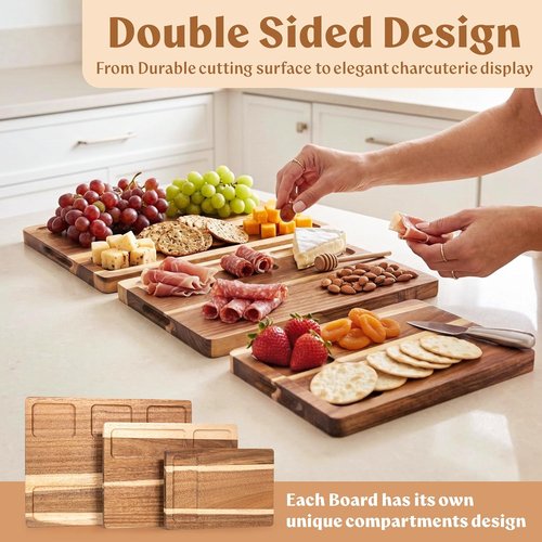 Acacia Wood Cutting Board Set - Non-Toxic, Durable & Double-Sided with Juice Groove | 3-Piece Chopping Boards for Meat, Cheese & Vegetables