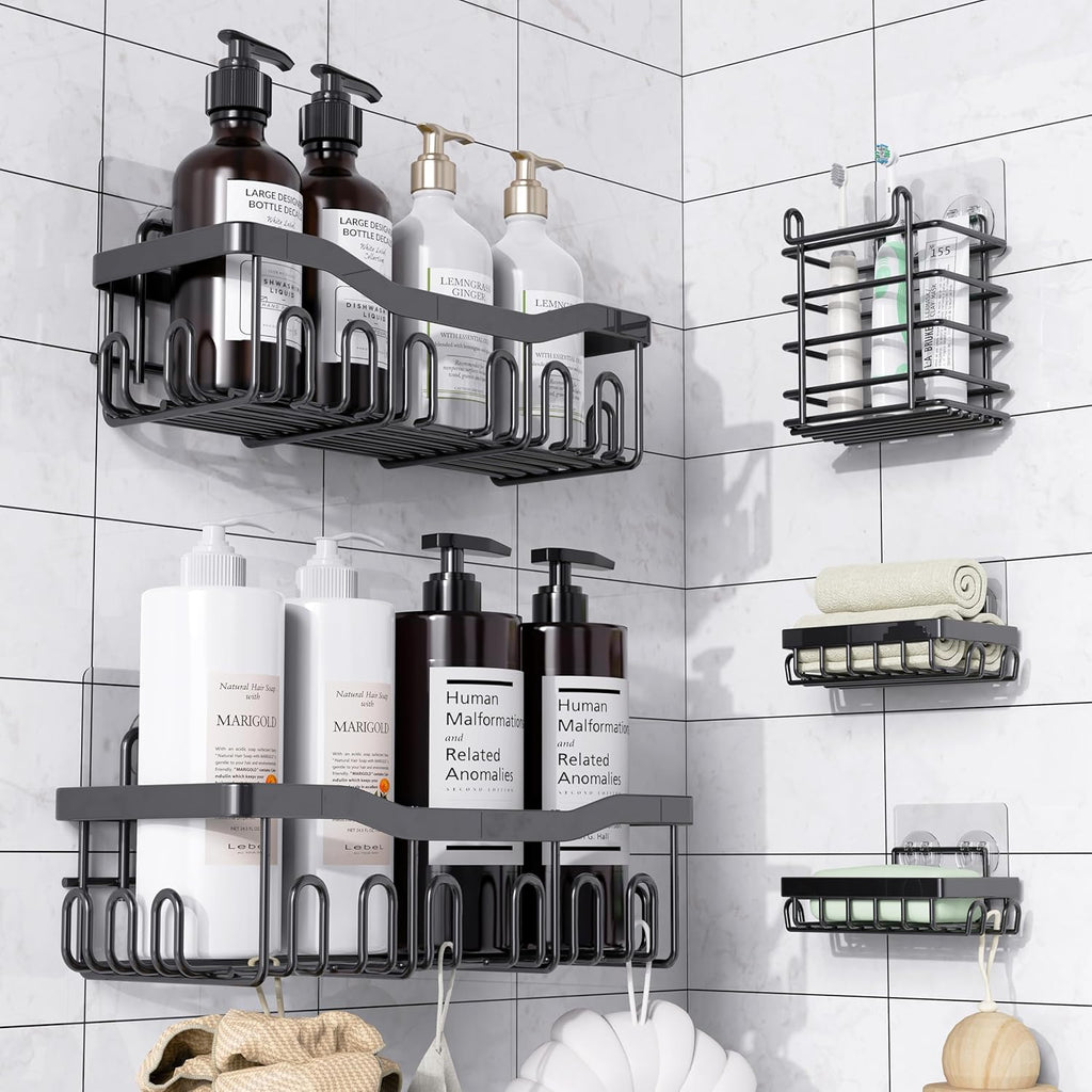 SC02 Shower Caddy 5 Pack | Rustproof Stainless Steel Bath Organizers - Large Capacity, No Drilling, Black