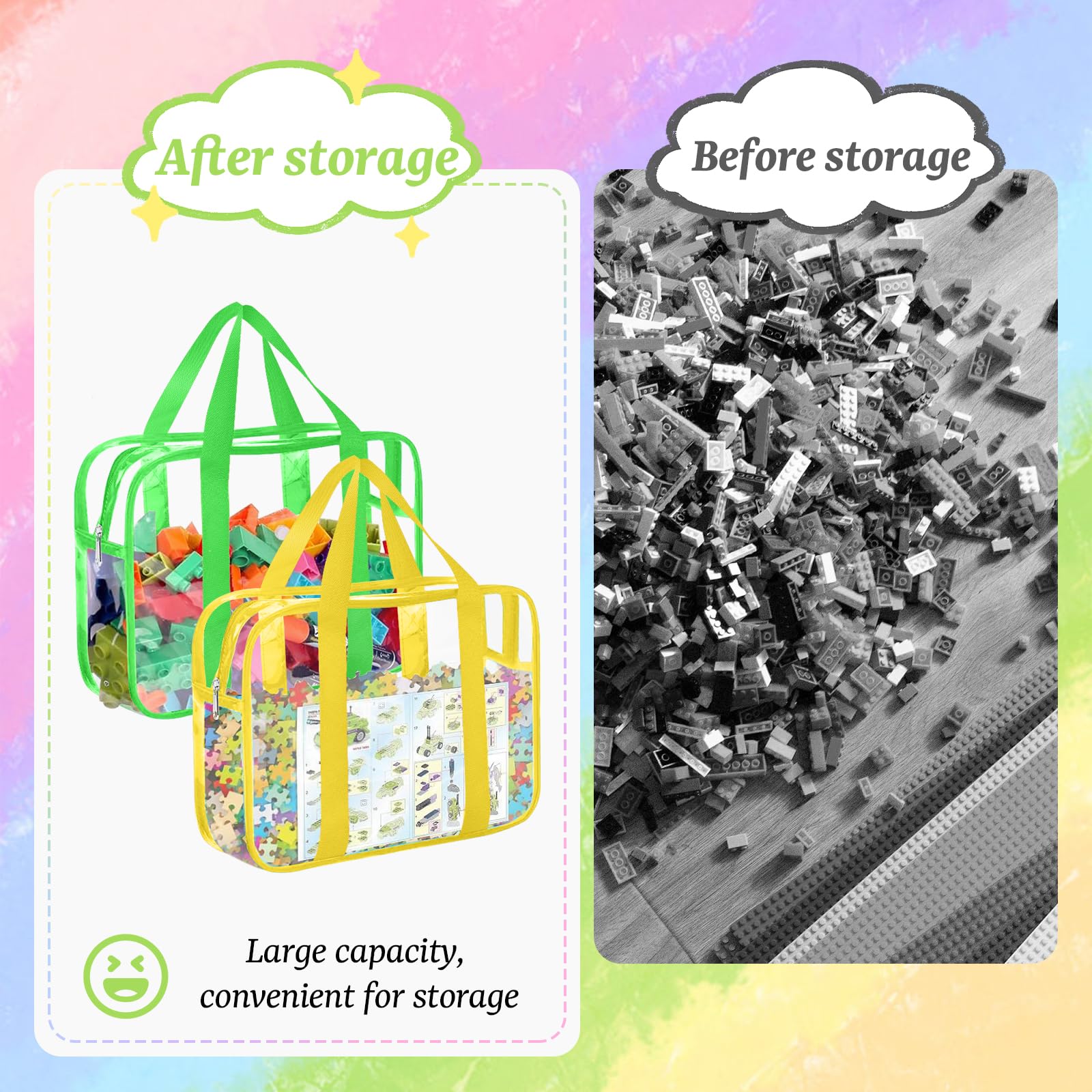 6PCS Large Toy Storage Bags, Reusable Transparent PVC Toy Boxes, High-Capacity Toy Organizer Suitable for Multiple Occasions (Colorful, Large)