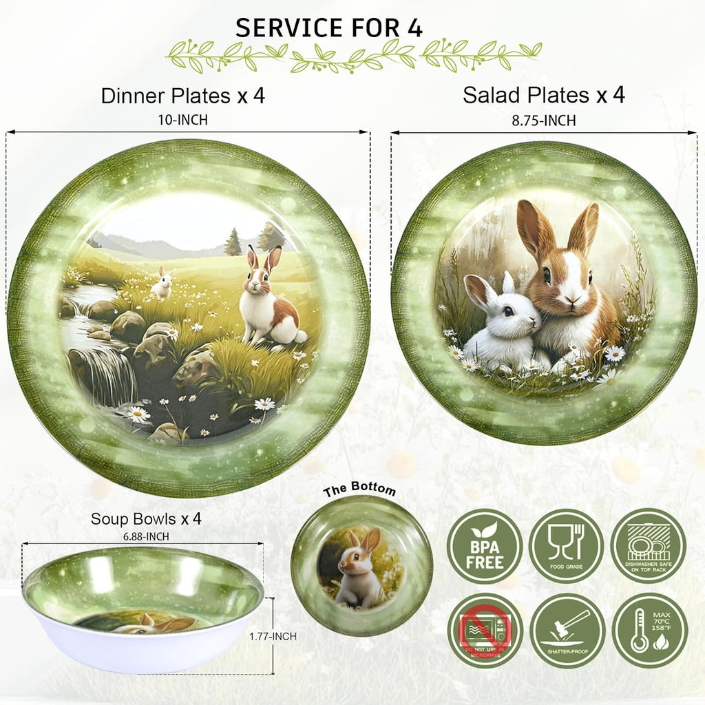 Skiennix 12-Piece Melamine Dinnerware Set - Lightweight Shatterproof Plates & Bowls for 4 | Green Bunny Design, Ideal for Picnics & Outdoor Parties