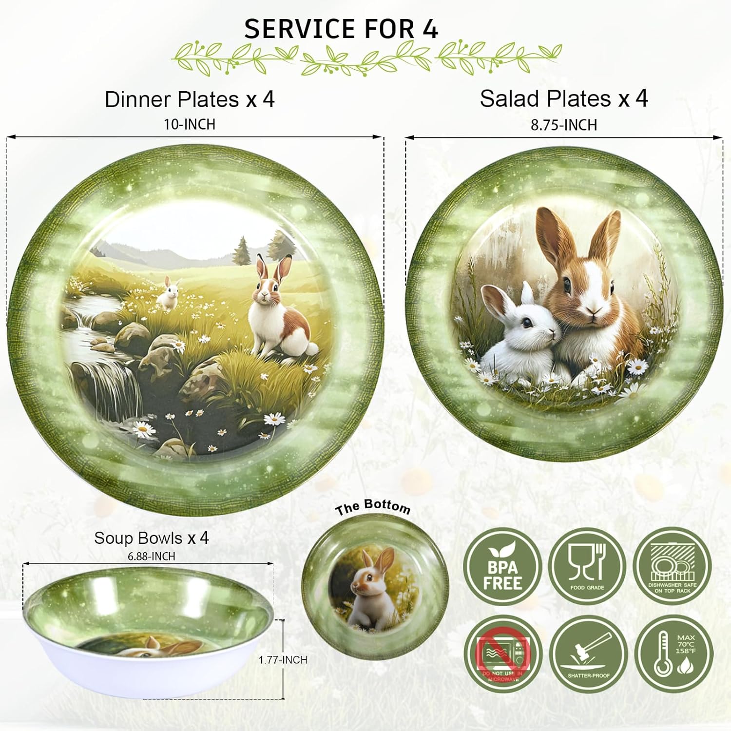 Skiennix 12-Piece Melamine Dinnerware Set - Lightweight Shatterproof Plates & Bowls for 4 | Green Bunny Design, Ideal for Picnics & Outdoor Parties
