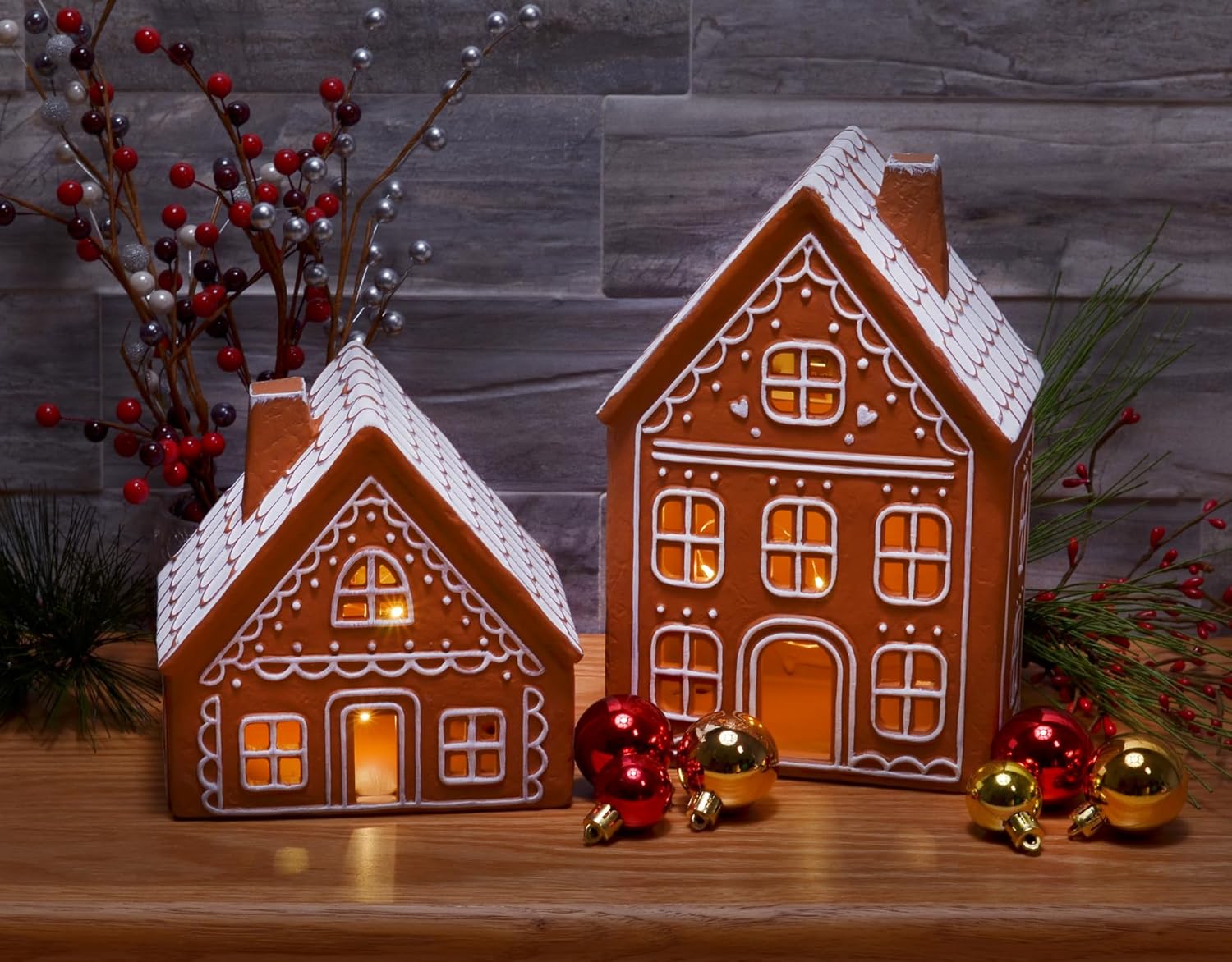 Mark Feldstein & Associates Ceramic Iced Gingerbread Houses - Pre-Lit LED Holiday Village Figurines, Set of 2, 9 Inch