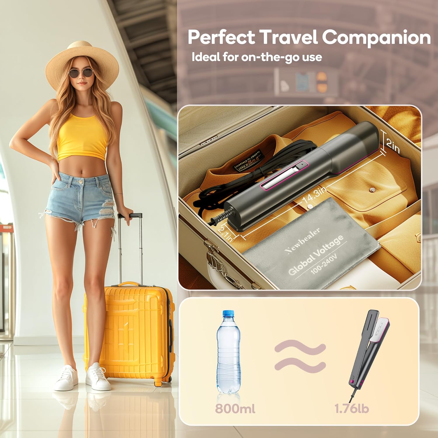 Newbealer 3-in-1 Travel Iron - Global Voltage Clothes Steamer & Dry Iron, Fast Heating, Ash Pink