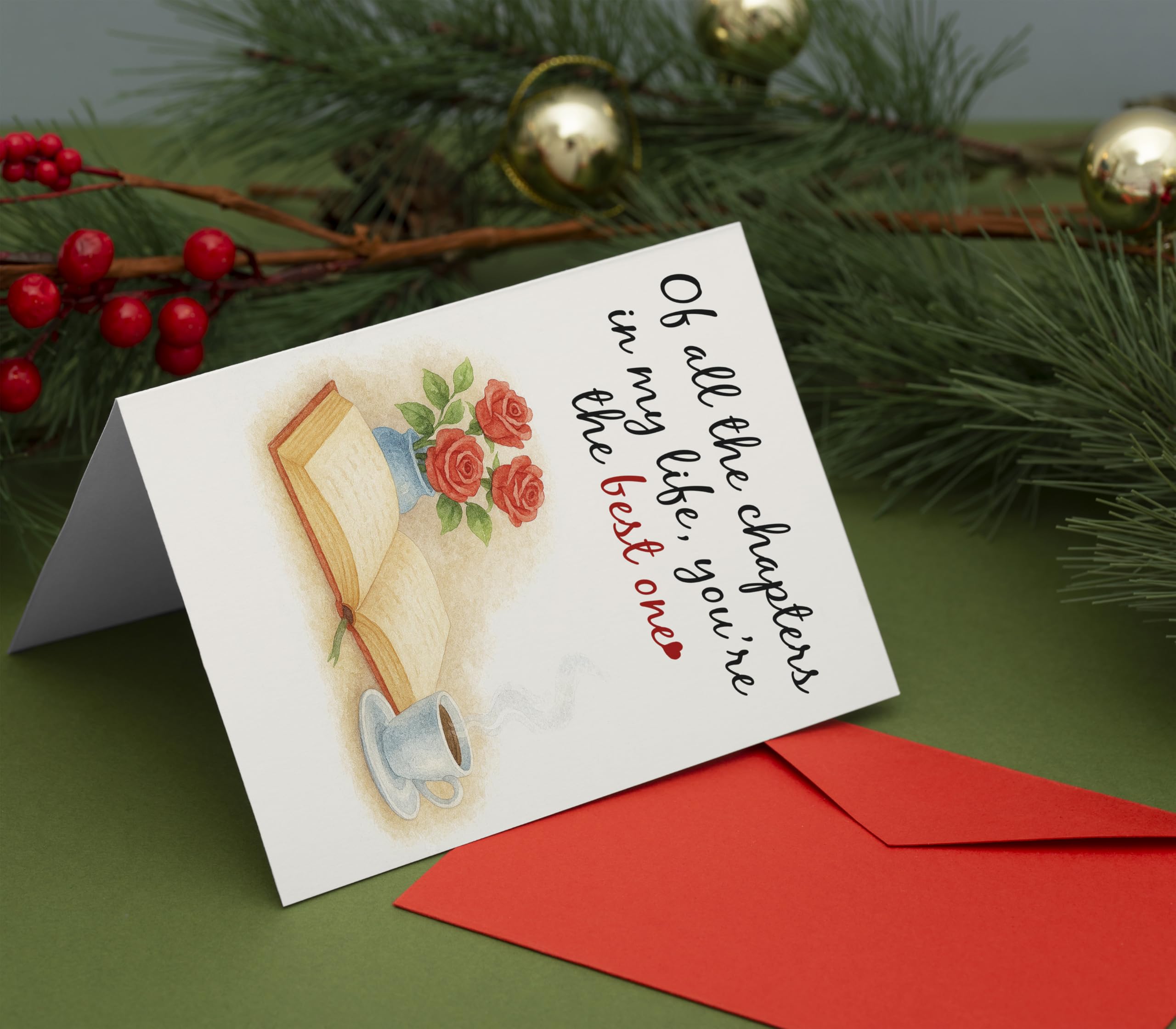 Anniversary Card – Romantic Greeting Card with Roses, Book & Coffee Design – 5x7 Inch Folded Card with Envelope & Sticker – Love Card for Husband, Wife, or Couple – Valentines Day or Wedding Anniversary