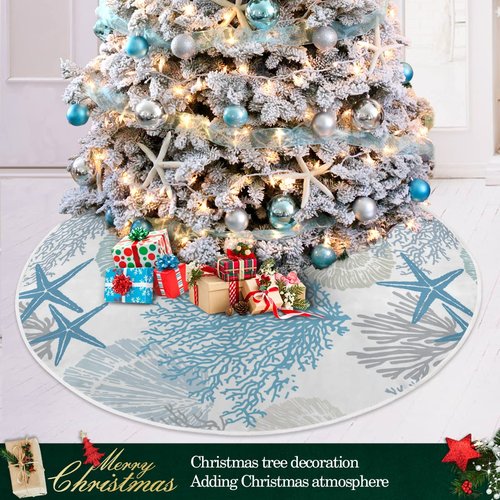 Christmas Tree Skirt Beach Coastal Xmas Tree Decorations Burlap Blue Tree Skirt Small for 4 ft Tree 36 inch