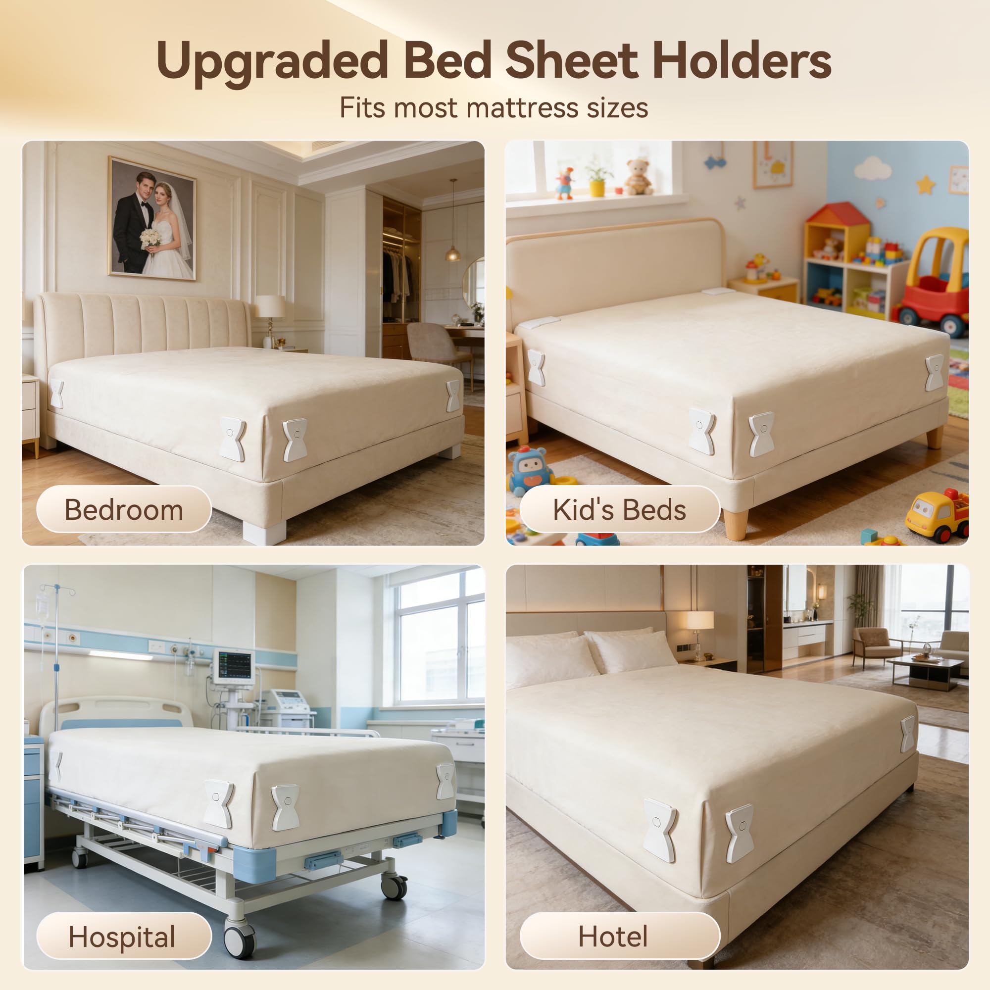 QWUE Bed Sheet Holders for Corners, Upgrade Dual-side Locks Keep Firm & Tight, Lock Sheets Holders, Non-slip Sheets Grippers, Heavy Duty Bed Sheet Clips Fits All Mattress Sizes Easy Install