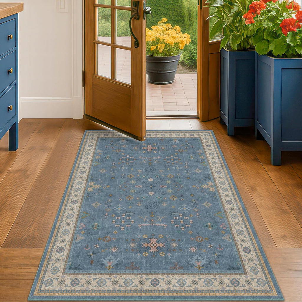 Washable 3x6 Throw Rug - Blue Non-Slip Indoor Rug for Kitchen, Entryway, Bedroom | Boho Modern Décor