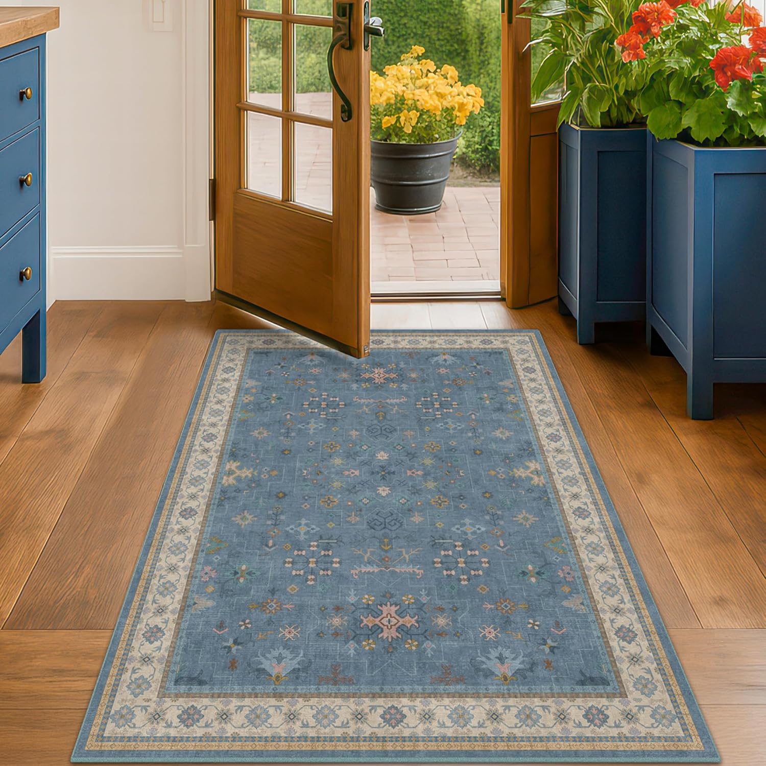 Washable 3x6 Throw Rug - Blue Non-Slip Indoor Rug for Kitchen, Entryway, Bedroom | Boho Modern Décor