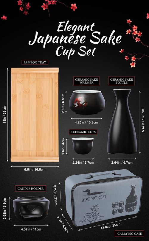 Japanese Sake Cup Set with 6 Ceramic Cups, 1 Ceramic Sake Bottle, 1 Ceramic Sake Warmer, Bamboo Tray, and Cloth Carrying Case - Perfect Hot Sake Set for Authentic Japanese Experience