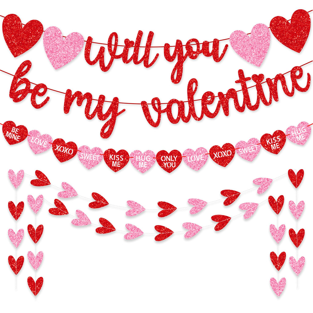 Valentines Day Decorations, No DIY Glitter Red Pink Will You Be My Valentine Banner Hollowed Conversation Heart Banner Heart Garlands String for Valentines Home Mantle Wall Office Decor Supplies