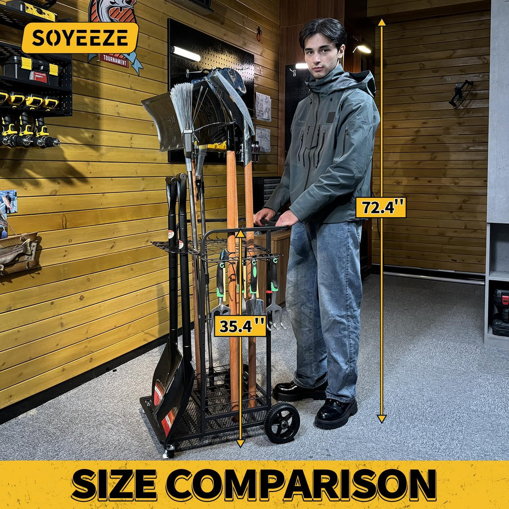 SOYEEZE Garden Tool Organizer - Heavy-Duty 3-Tier Tool Rack with Large Wheels | Holds 35 Tools, 12 Hooks