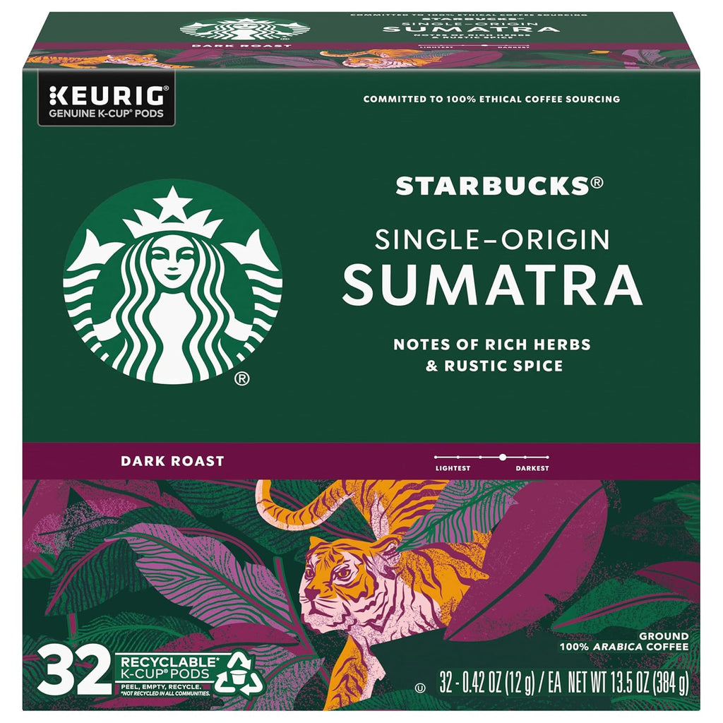 Starbucks K-Cup Pods - Sumatra Single-Origin Dark Roast Coffee | 32 Count (Pack of 4)