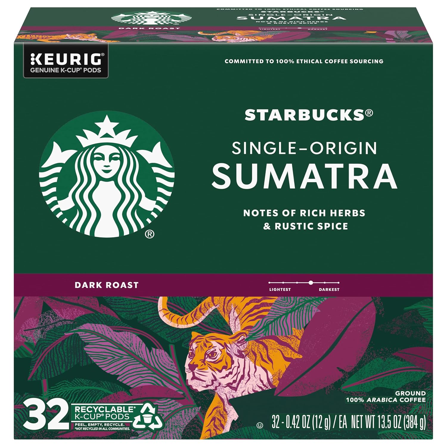 Starbucks K-Cup Pods - Sumatra Single-Origin Dark Roast Coffee | 32 Count (Pack of 4)