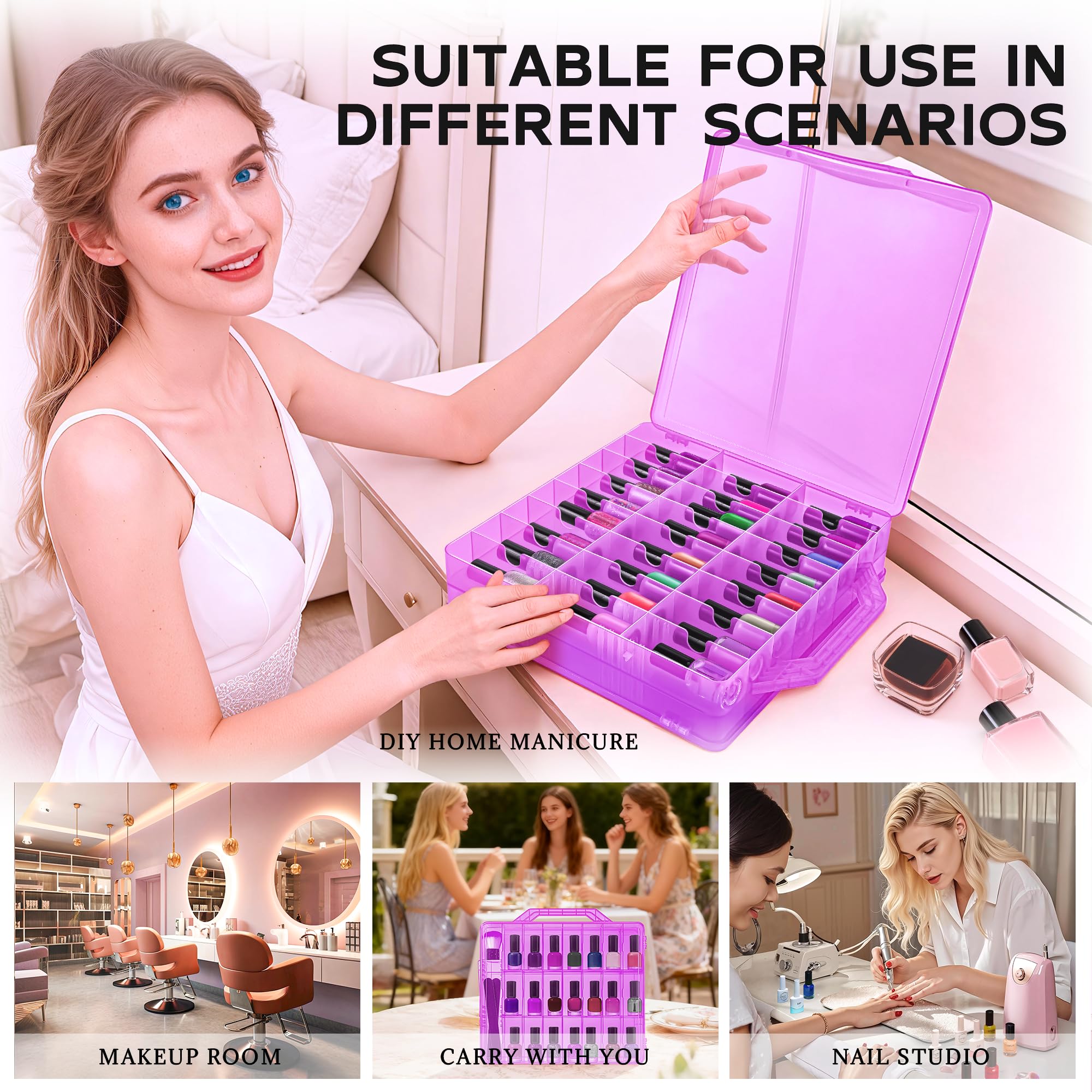 DreamGenius Nail Polish Organizer Case for 48 Bottles with 2 Nail Separators, Double Side Gel Nail Polish Holder with Adjustable Dividers, Purple