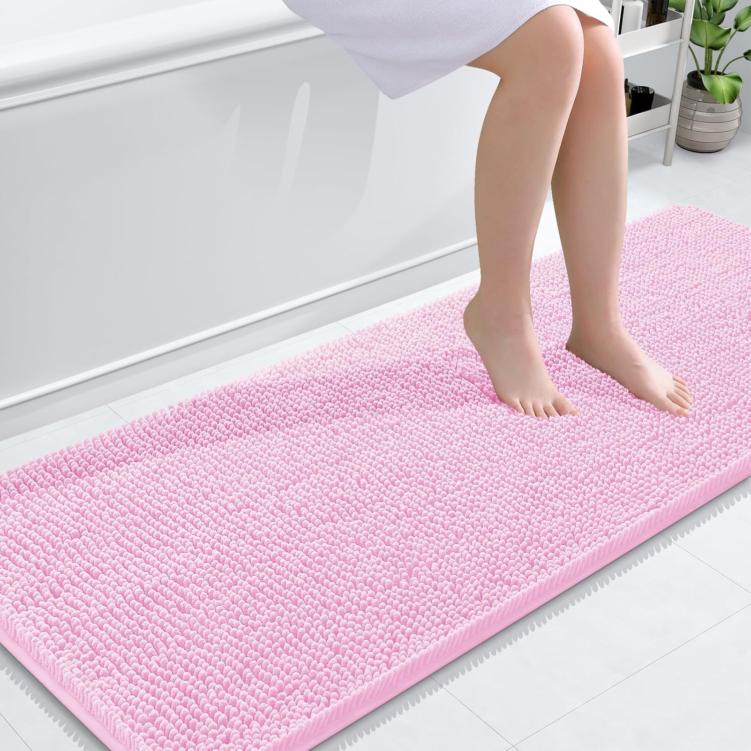 OLANLY Bathroom Runner Rugs - Extra Soft Chenille Bath Mats | Quick-Dry, Machine Washable, 59x24, Pink