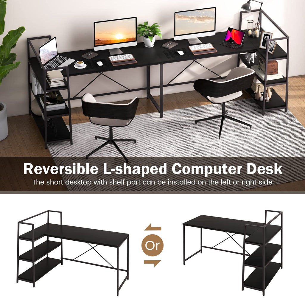 COSTWAY 59 Inch L-Shaped Computer Desk, Large Reversible Corner Desk with Open Storage Shelves, Space-Saving Writing Study Table PC Laptop Gaming Desk, for Home Office (Black)