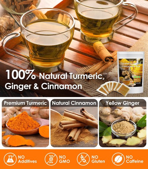 120 Bags Turmeric Ginger Cinnamon Tea, Natural Turmeric Herbal Tea, Improve Digestion, Support Skin, Sleep, Eco-Conscious Teabags, No Sugar, No Caffeine, No Gluten(120pcs, 240g)