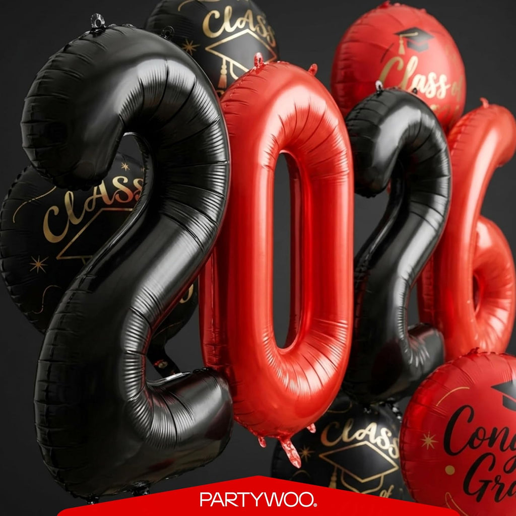 PartyWoo Graduation Balloons - Class of 2026 Black, Red & Gold Foil Number Balloons | 12pcs, 40 Inch & 18 Inch Mylar Decor