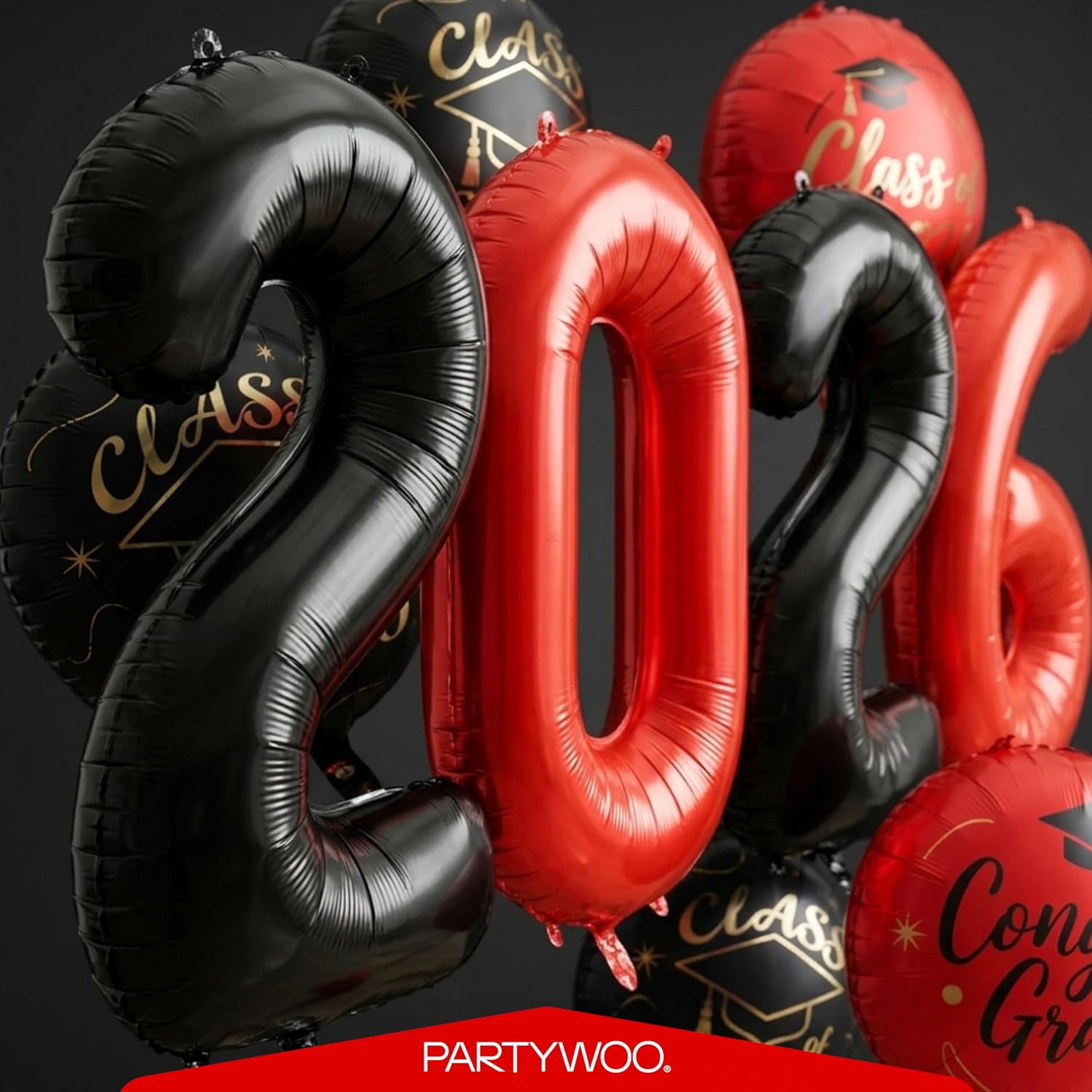 PartyWoo Graduation Balloons - Class of 2026 Black, Red & Gold Foil Number Balloons | 12pcs, 40 Inch & 18 Inch Mylar Decor