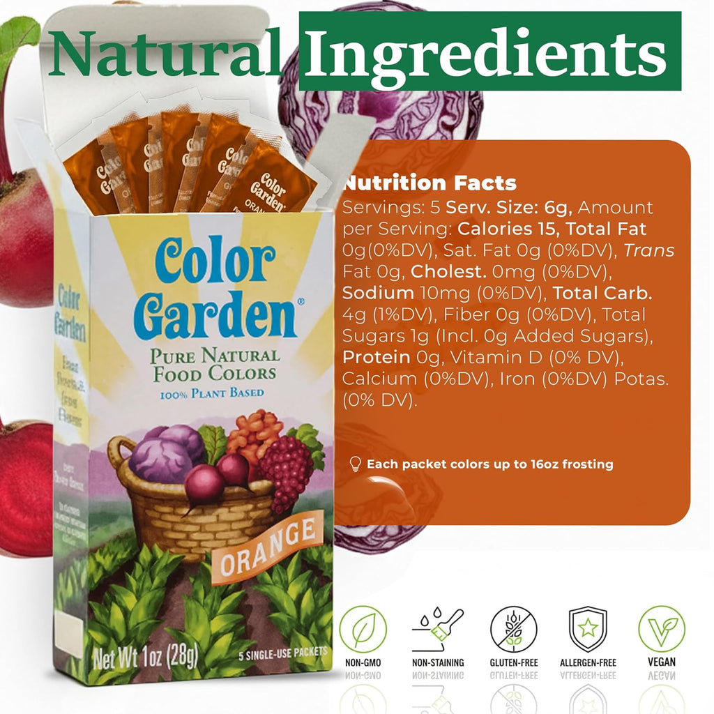 Color Garden Pure Natural Food Coloring - Orange | Plant-Based, Vegan, Non-Toxic Liquid Dye - 5 ct, 1 oz